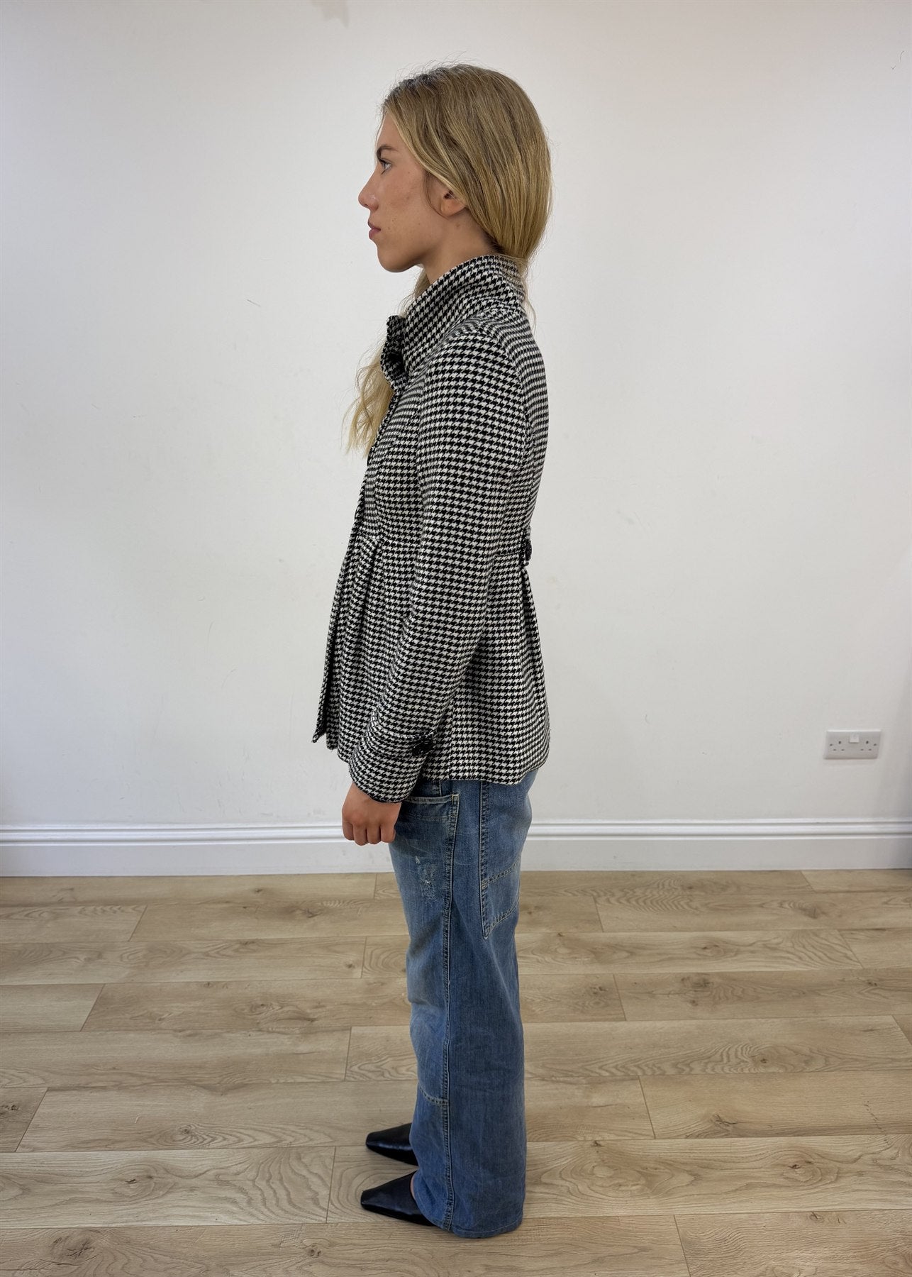 small black and white houndstooth pea coat jacket