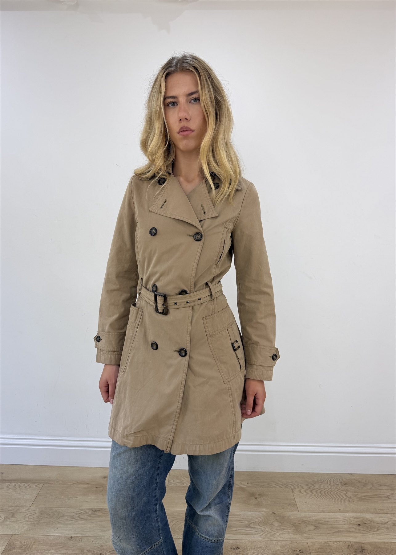 small tan old label zara belted trench coat