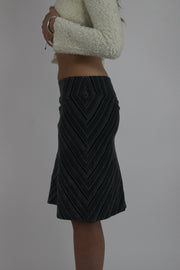 black chevron pinstripe midi skirt detail view 01