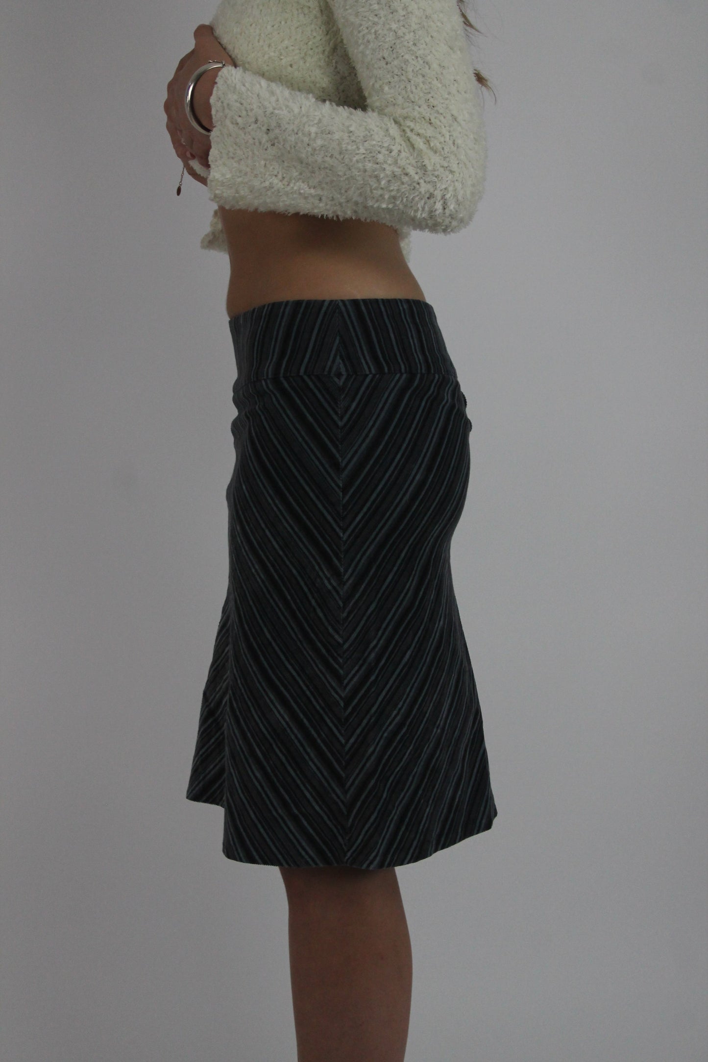 black chevron pinstripe midi skirt detail view 01