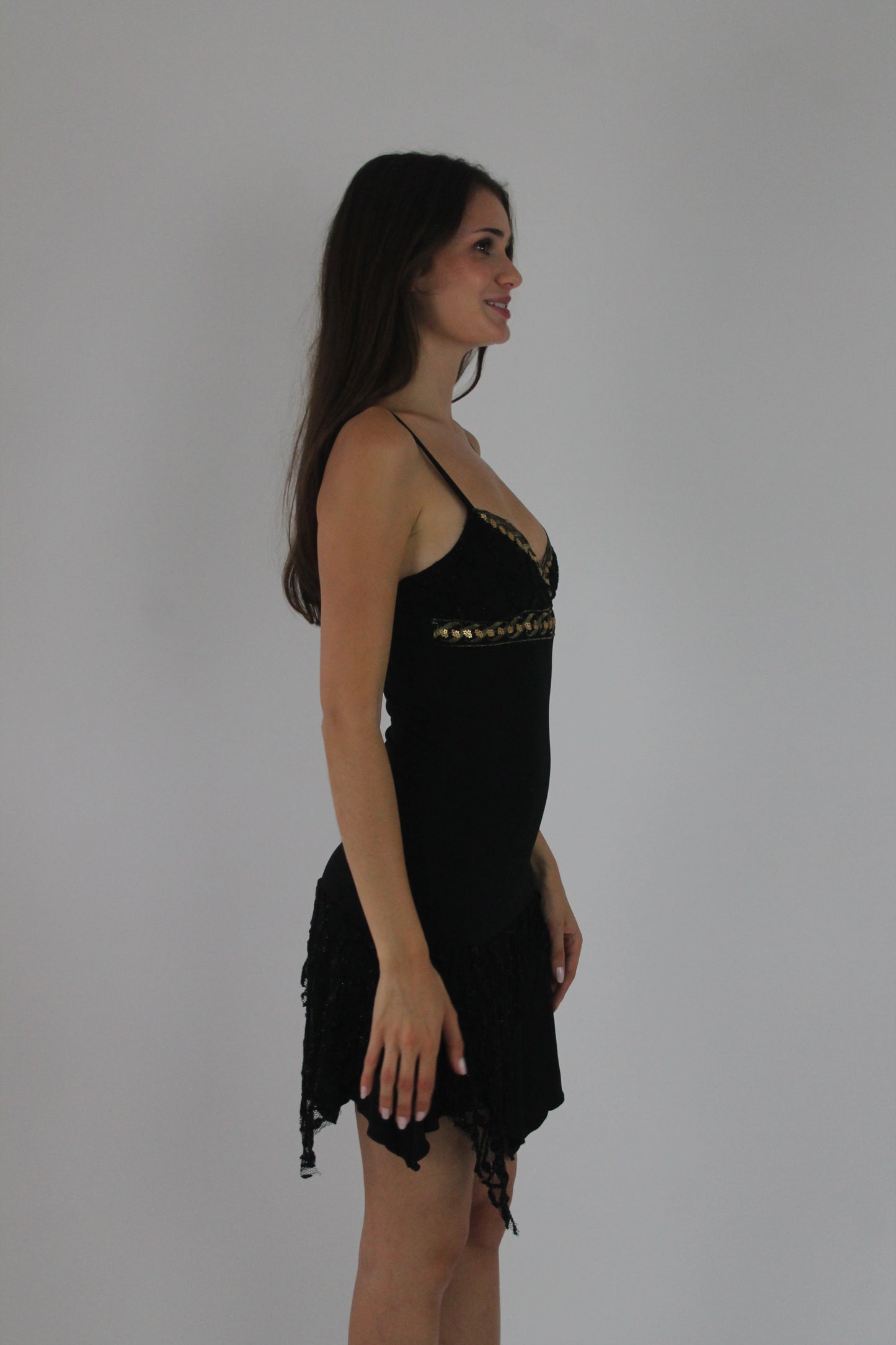 black and gold-trim asymmetric slip dress detail view 01