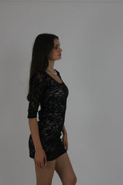 black lace three-quarter-sleeve mini dress detail view 01