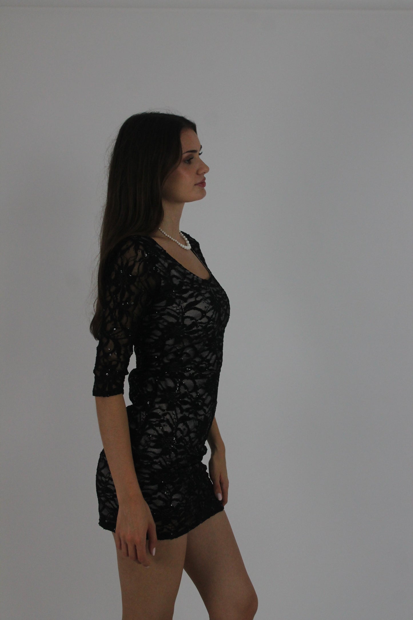 black lace three-quarter-sleeve mini dress detail view 01