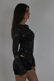 black metallic lace long-sleeve mini dress detail view 01