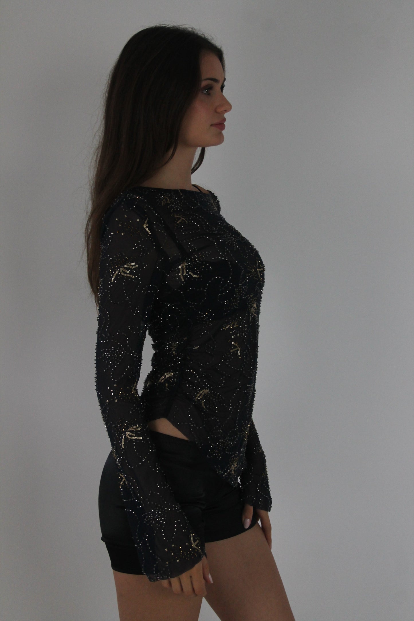 black metallic lace long-sleeve mini dress detail view 01