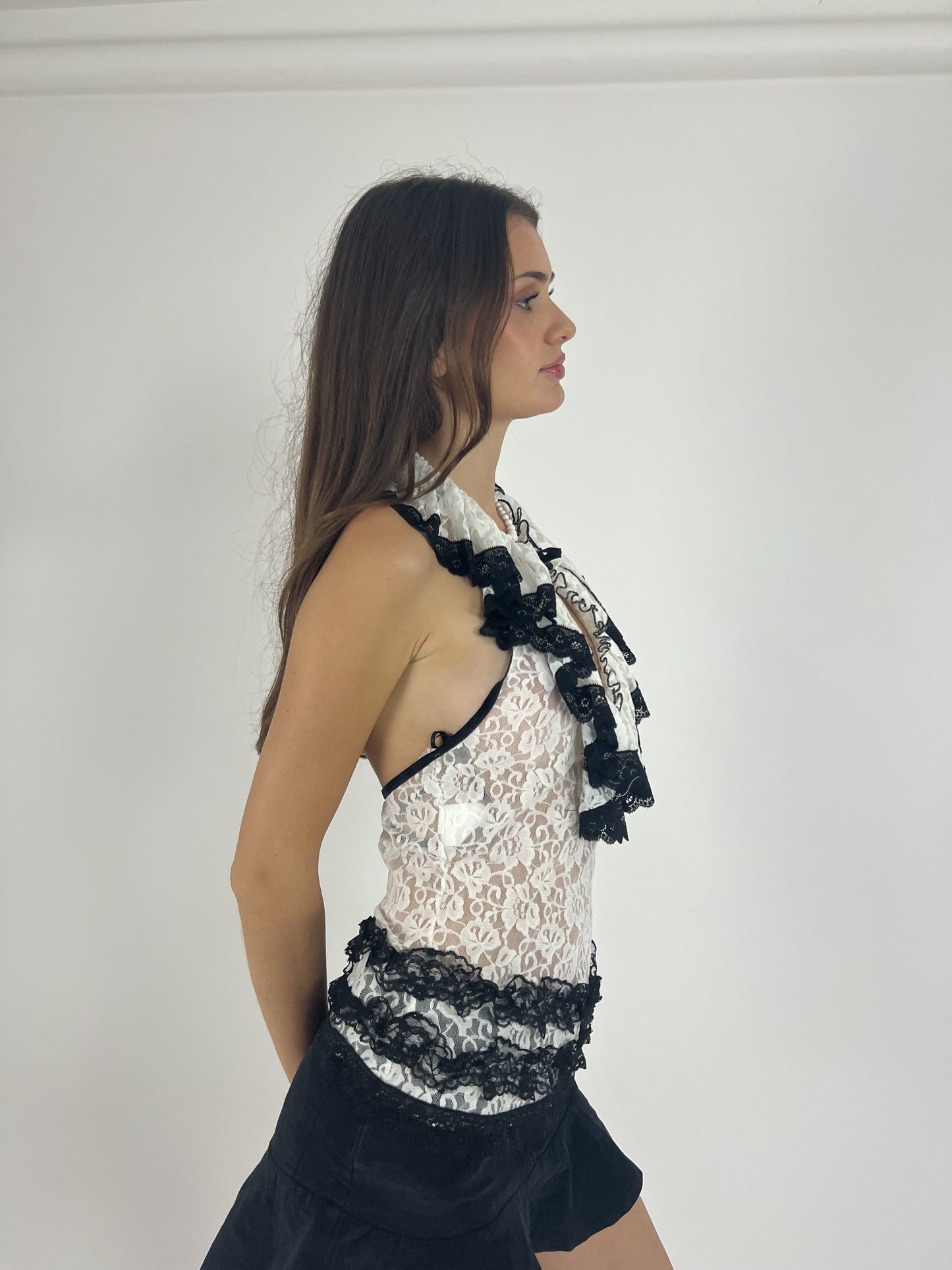 black and white lace ruffle halter top detail view 01