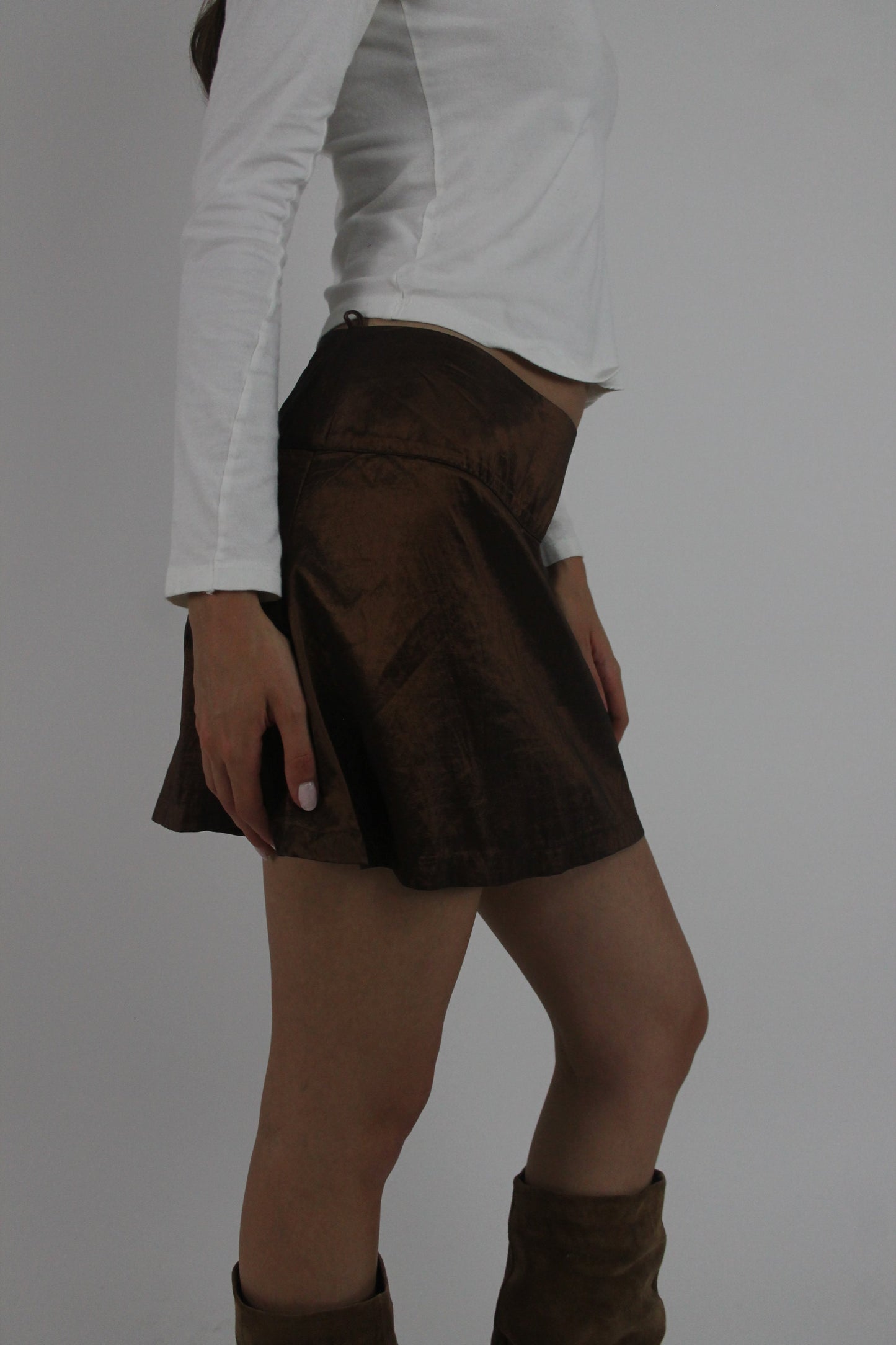brown satin-style a-line mini skirt detail view 01