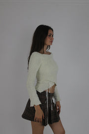 cream lace-up fuzzy top detail view 01
