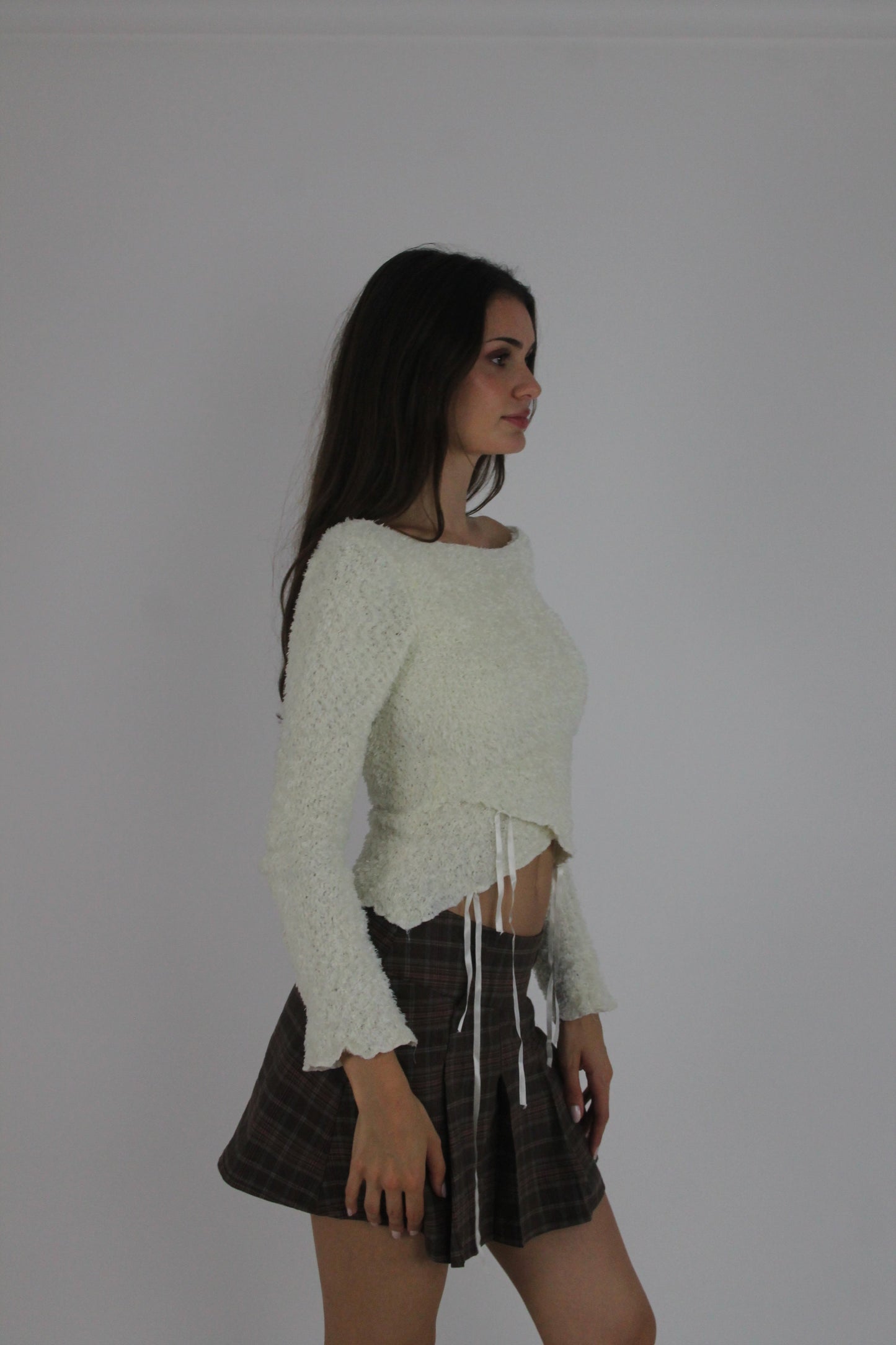 cream lace-up fuzzy top detail view 01