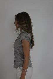 grey pinstripe ruched blouse detail view 01