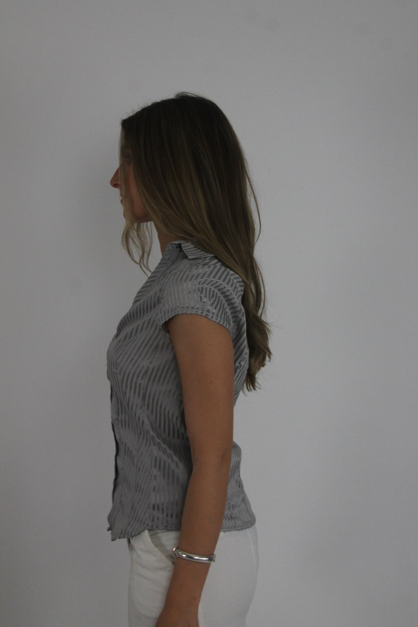 grey pinstripe ruched blouse detail view 01