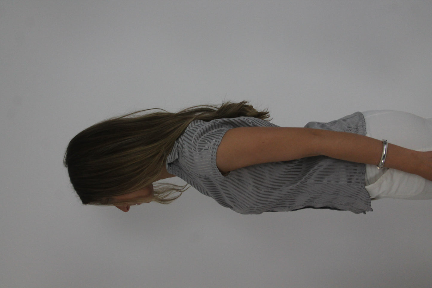grey pinstripe ruched blouse detail 01