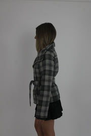 grey plaid belted jacket detail view 01