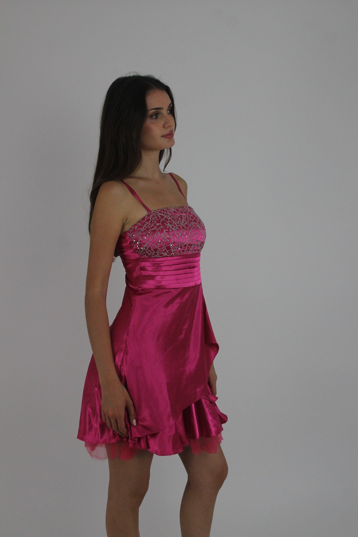 pink sequin and ruffle mini dress detail view 01