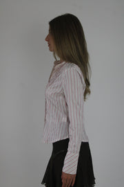 pink and white striped fitted blouse detail view 01