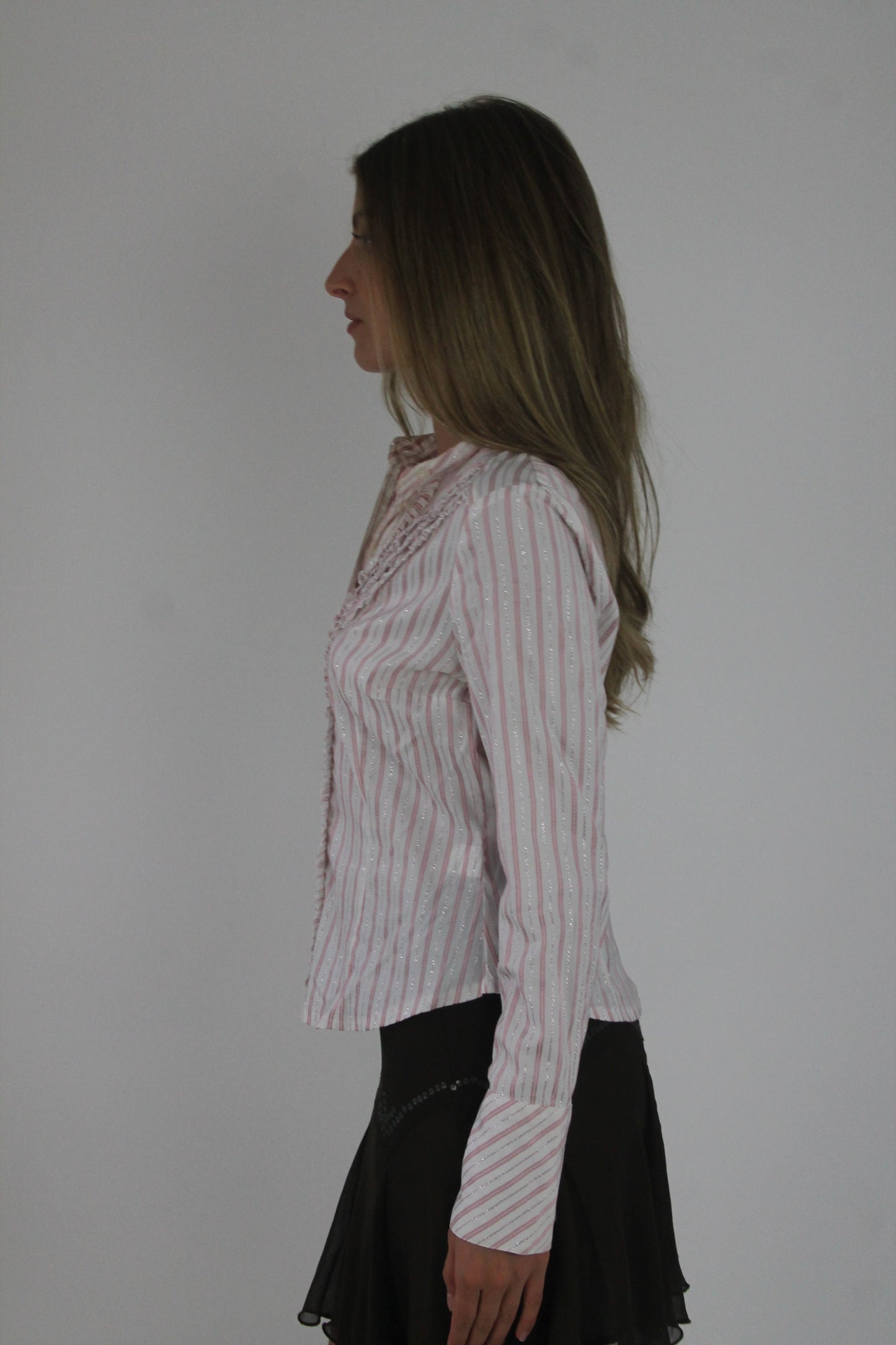pink and white striped fitted blouse detail view 01