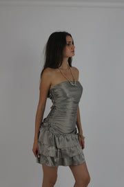 silver tiered satin-style mini dress detail view 01