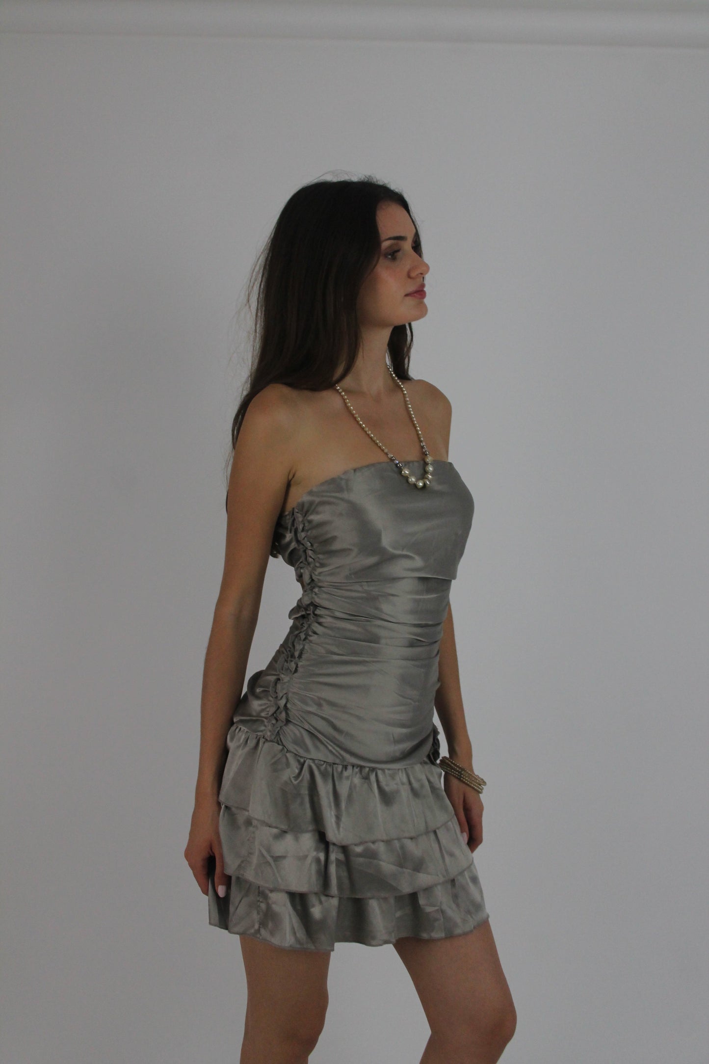 silver tiered satin-style mini dress detail view 01