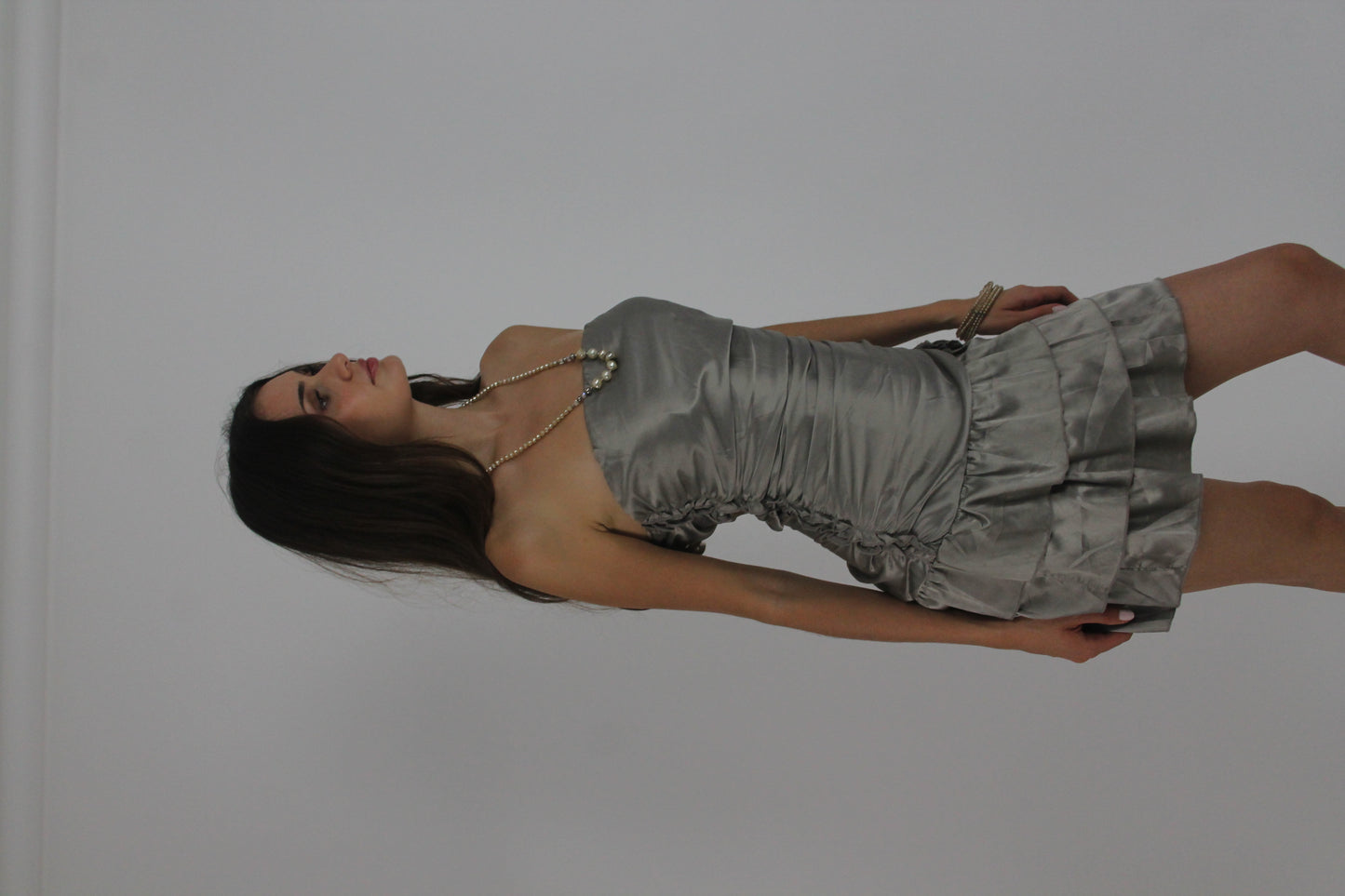 silver tiered satin-style mini dress detail 01