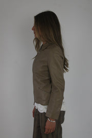 taupe brown fitted leather jacket detail view 01