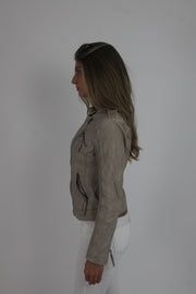 taupe fitted leather-look jacket detail view 01