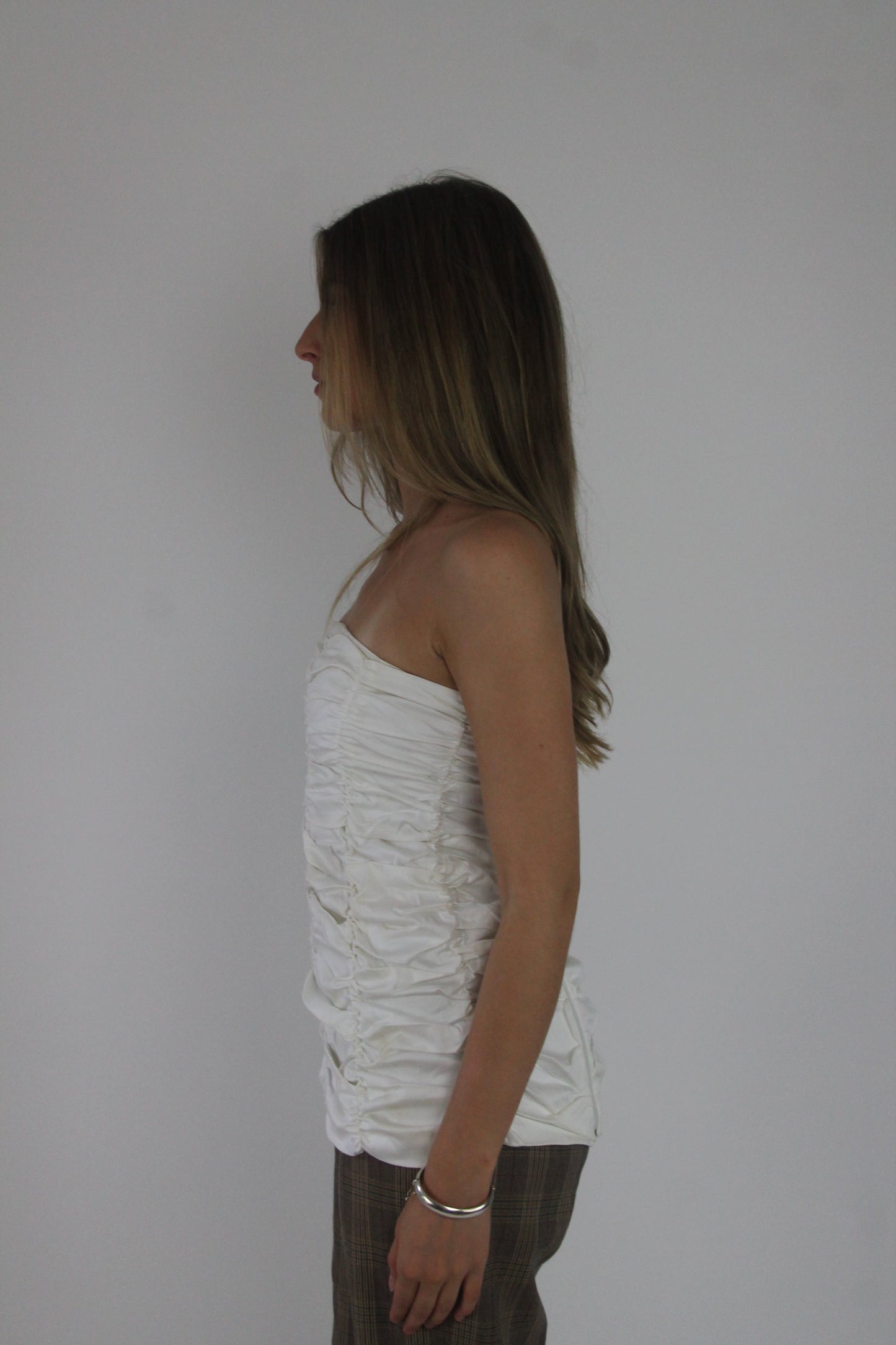 white ruched strapless top detail view 01