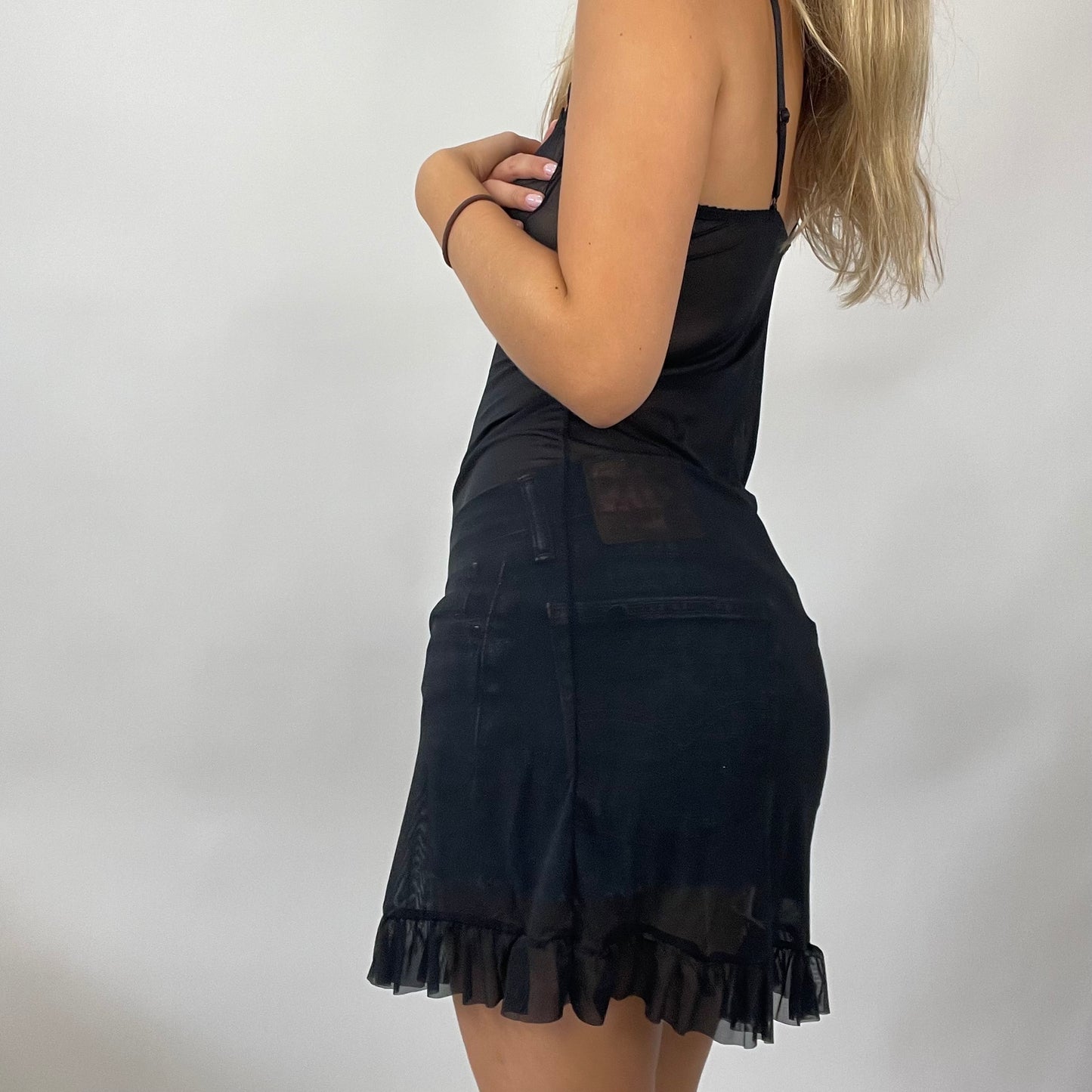 HAILEY BIEBER DROP | small black mesh ruffle dress