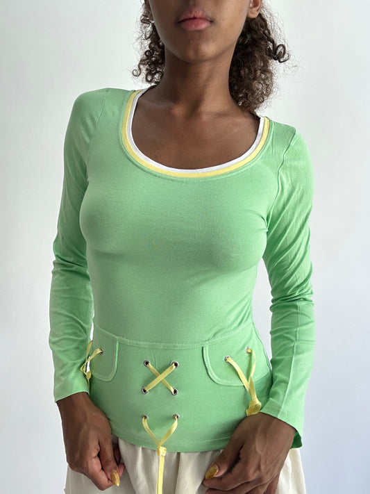 ‼️ | small lime green long sleeve ribbon detail top
