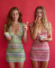 Models wearing Allegra Dresses in both colourways and holding ice creams