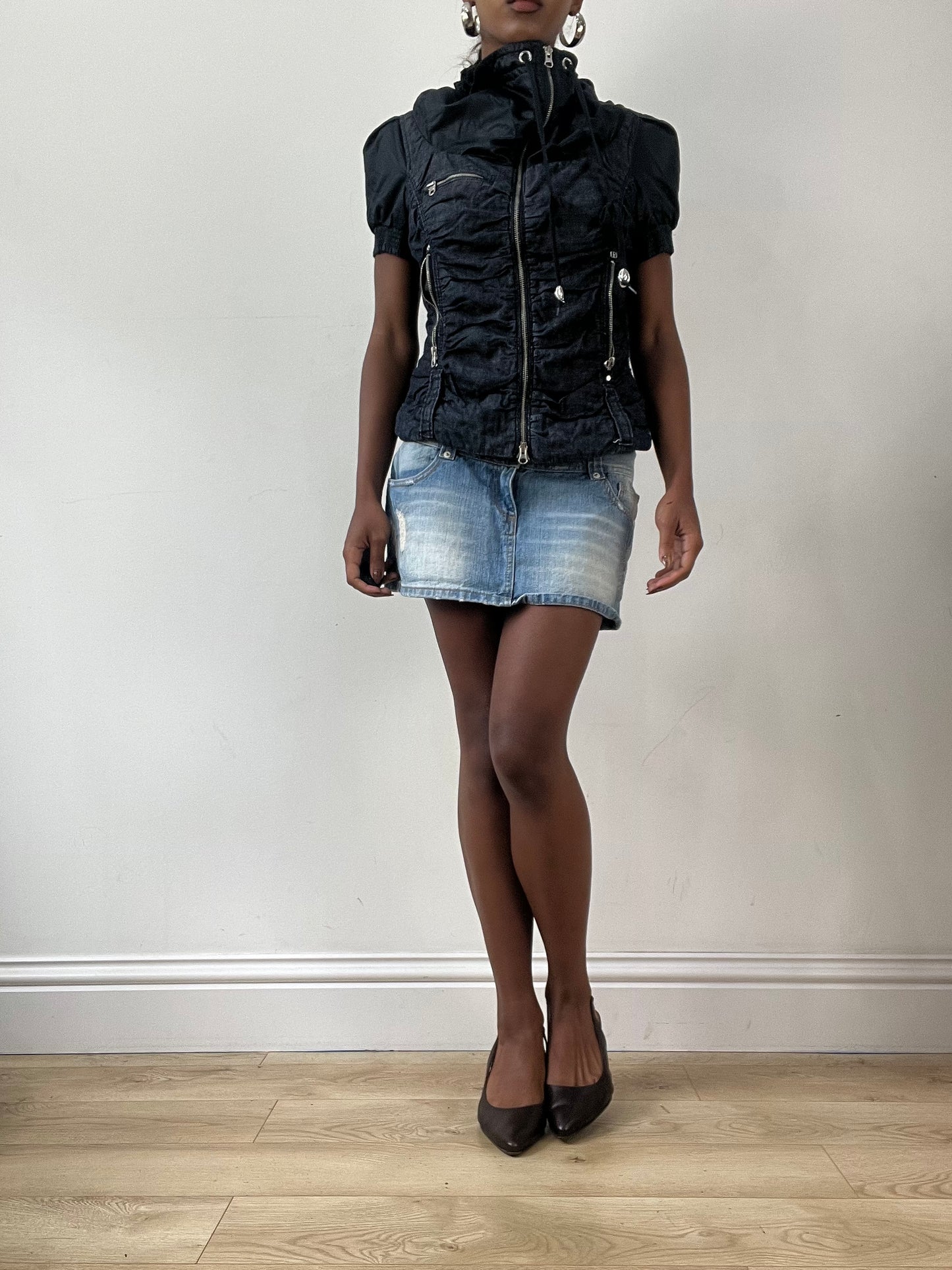 LFW edit | extra small navy blue miss sixty jacket with silver dual zip detail