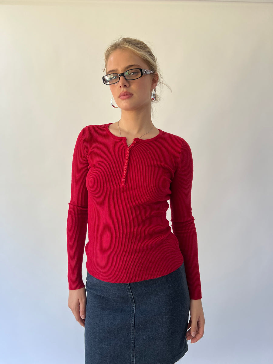 back to school drop | medium red ribbed long sleeve top
