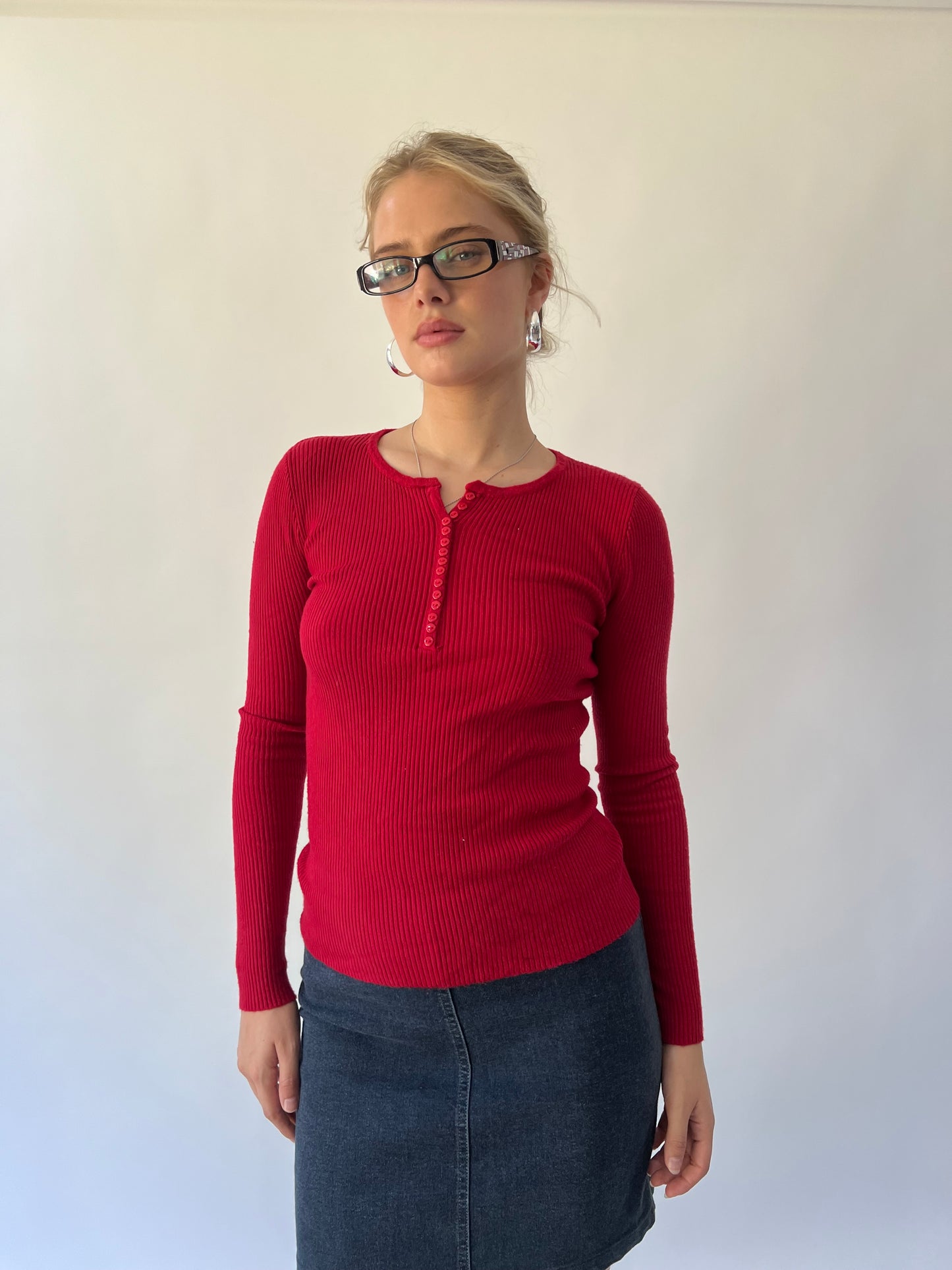 back to school drop | medium red ribbed long sleeve top