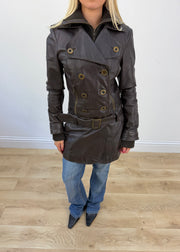 small brown faux leather pea trench coat