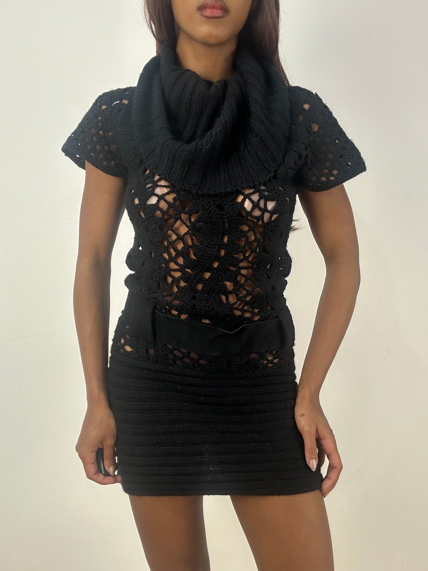 vintage edit thirty-three | small black crochet knit mini dress with belted waist