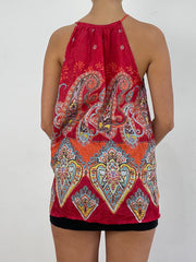 VINTAGE PICKS | medium red high neck top with paisley print
