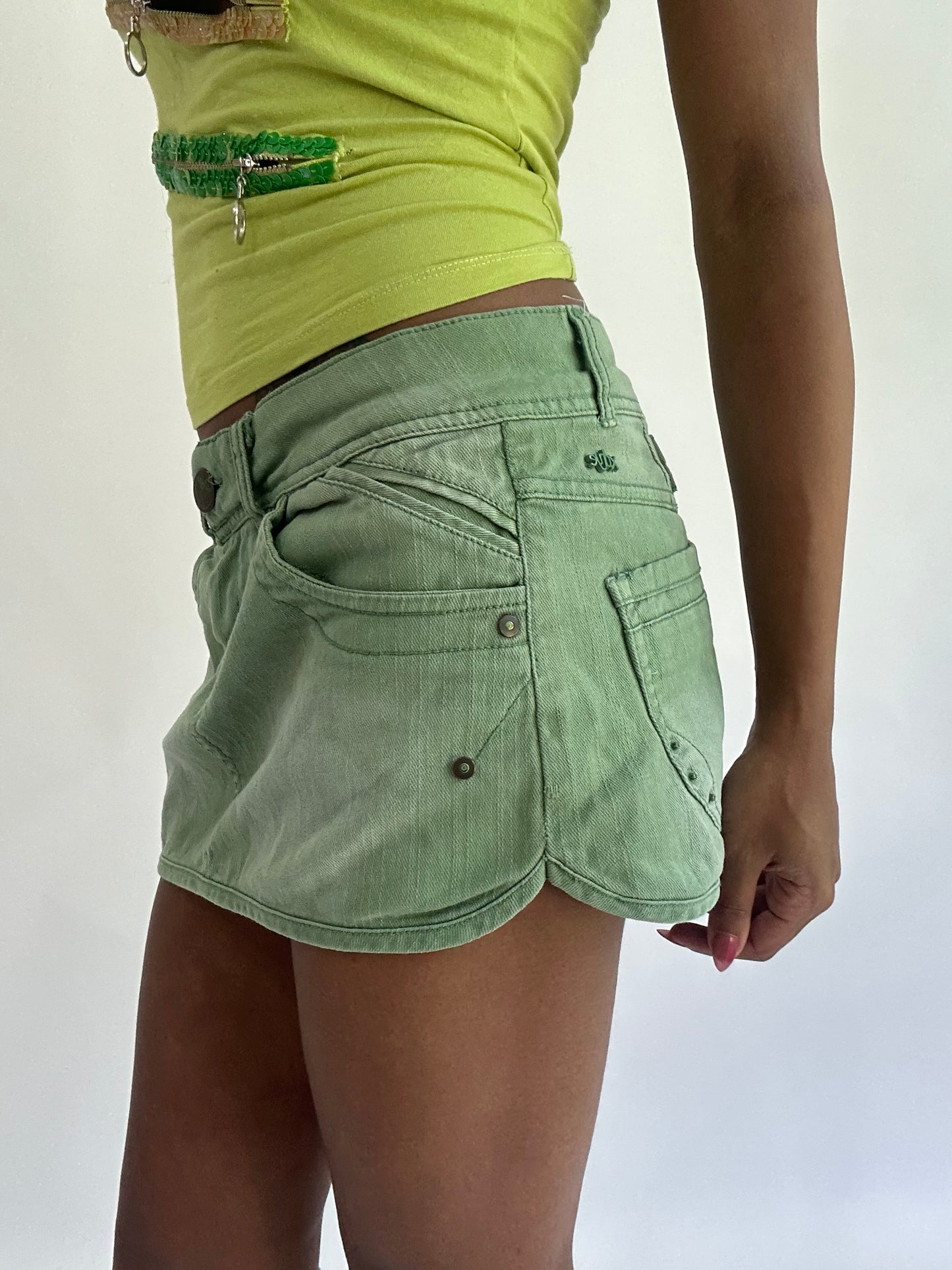colourmaxxing drop | small/medium green denim mini skirt