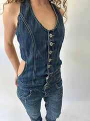 western edit | pequeno/mediano azul denim botão de cima jumpsuit