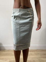 spring edit | small blue denim midi skirt with broiderie panelling