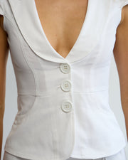 Penelope Pea Top in White – button and lapel detail