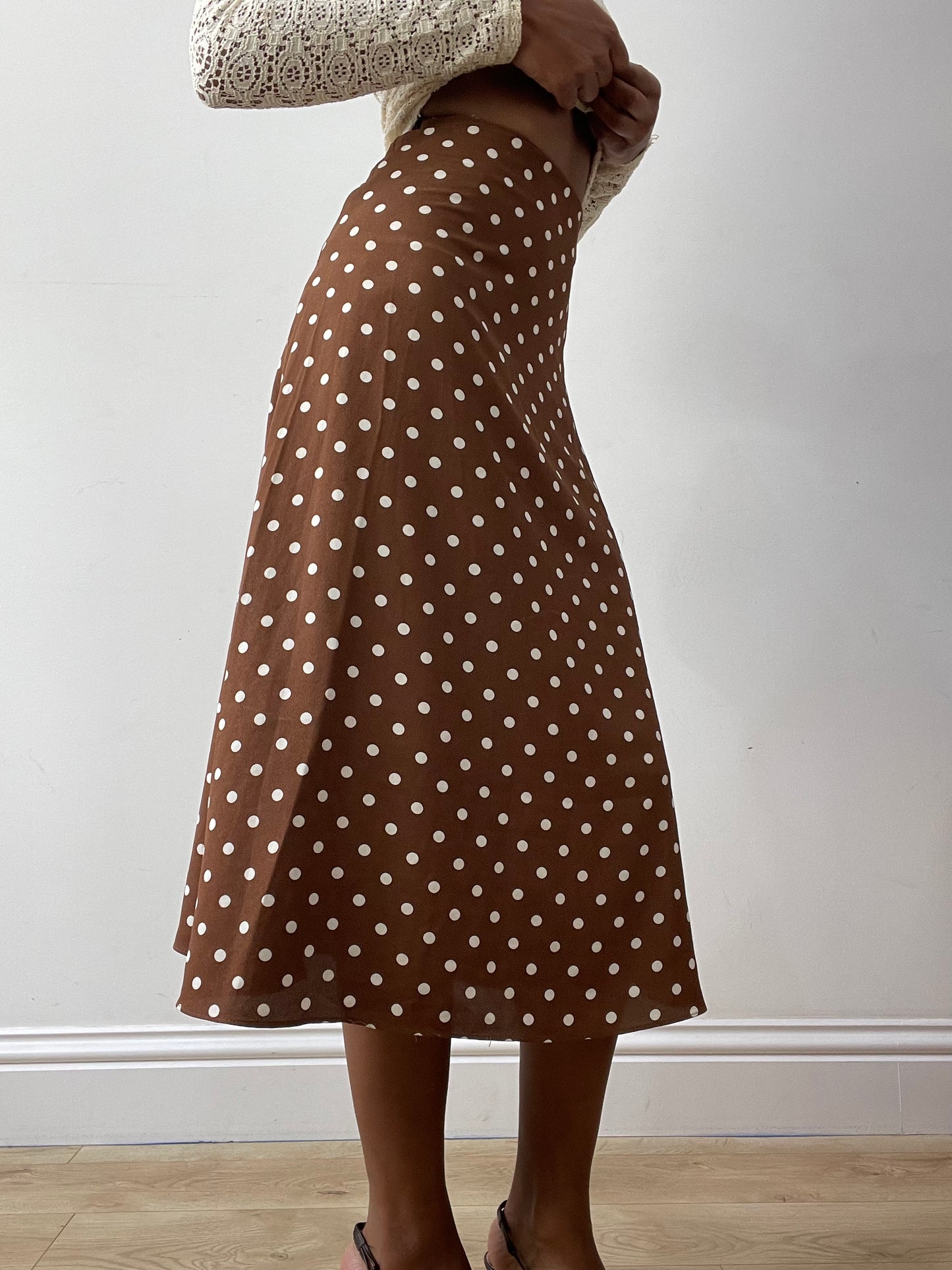 midsummer edit | extra small brown high waisted maxi skirt with polka dot print