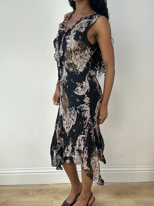 vintage edit twenty-three | medium black asymmetric midi dress with pink print