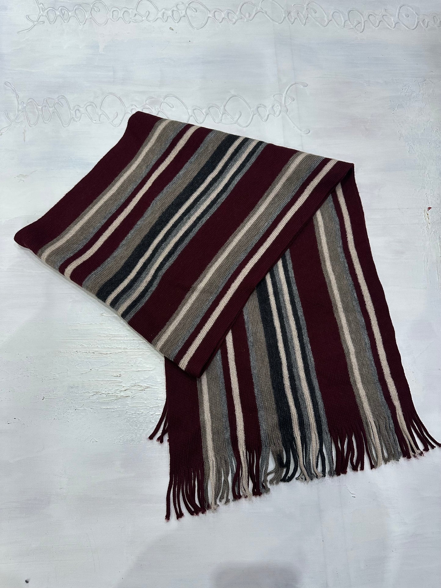 vintage edit thirty-five | burgundy and grey striped tassel scarf