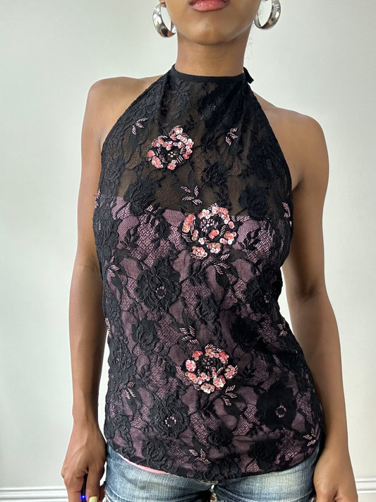 BEST PICKS | medium pink and black halterneck lace top