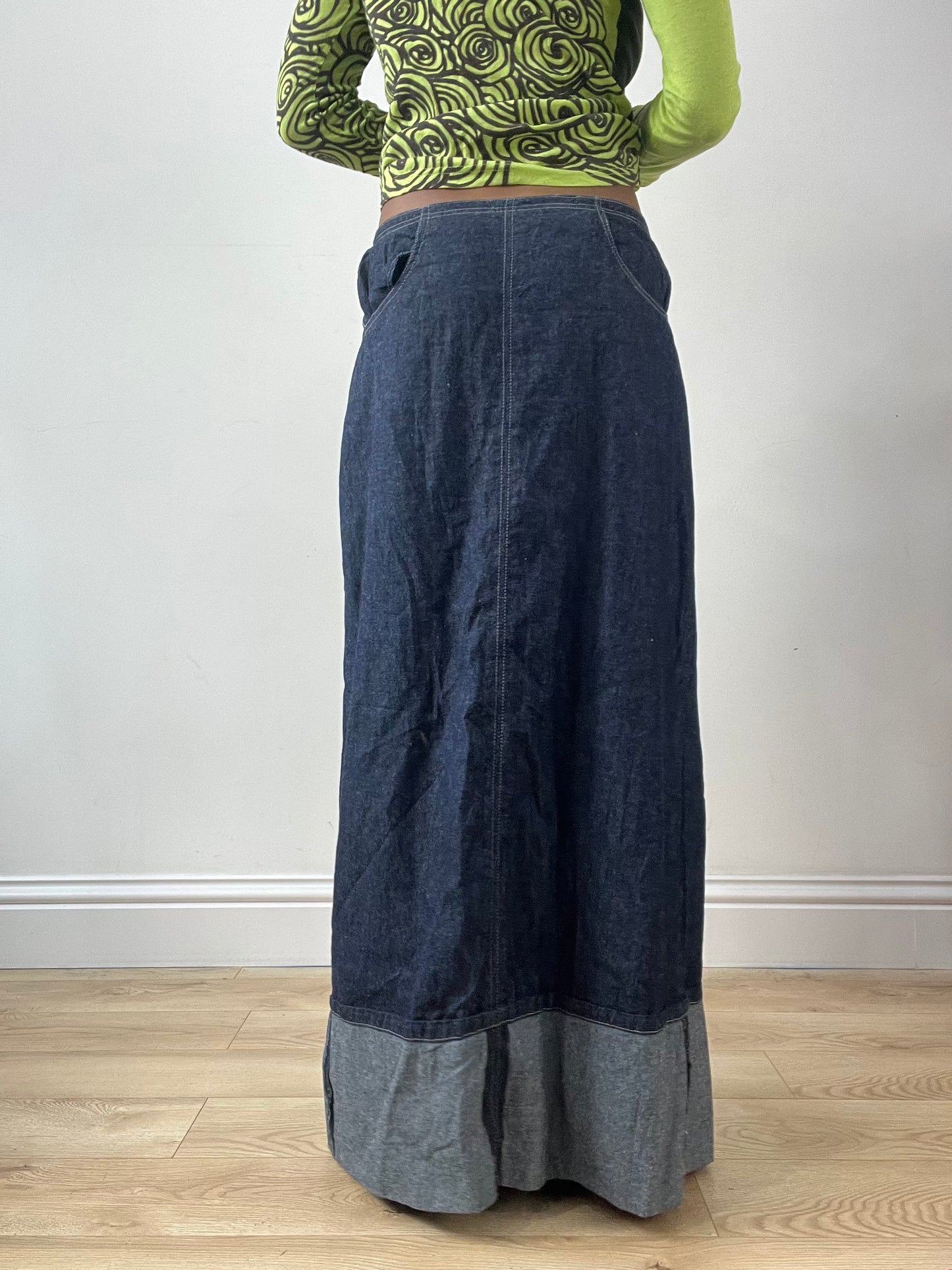 LFW edit | small blue denim maxi skirt with leg slit detail