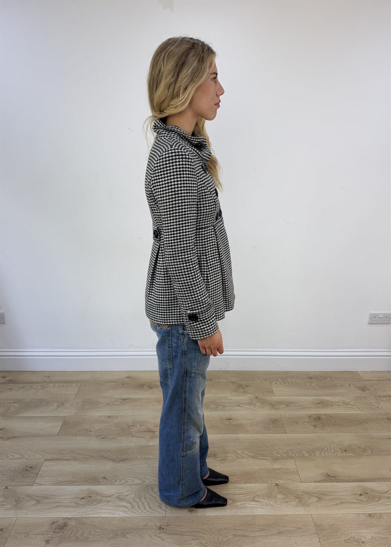 small black and white houndstooth pea coat jacket