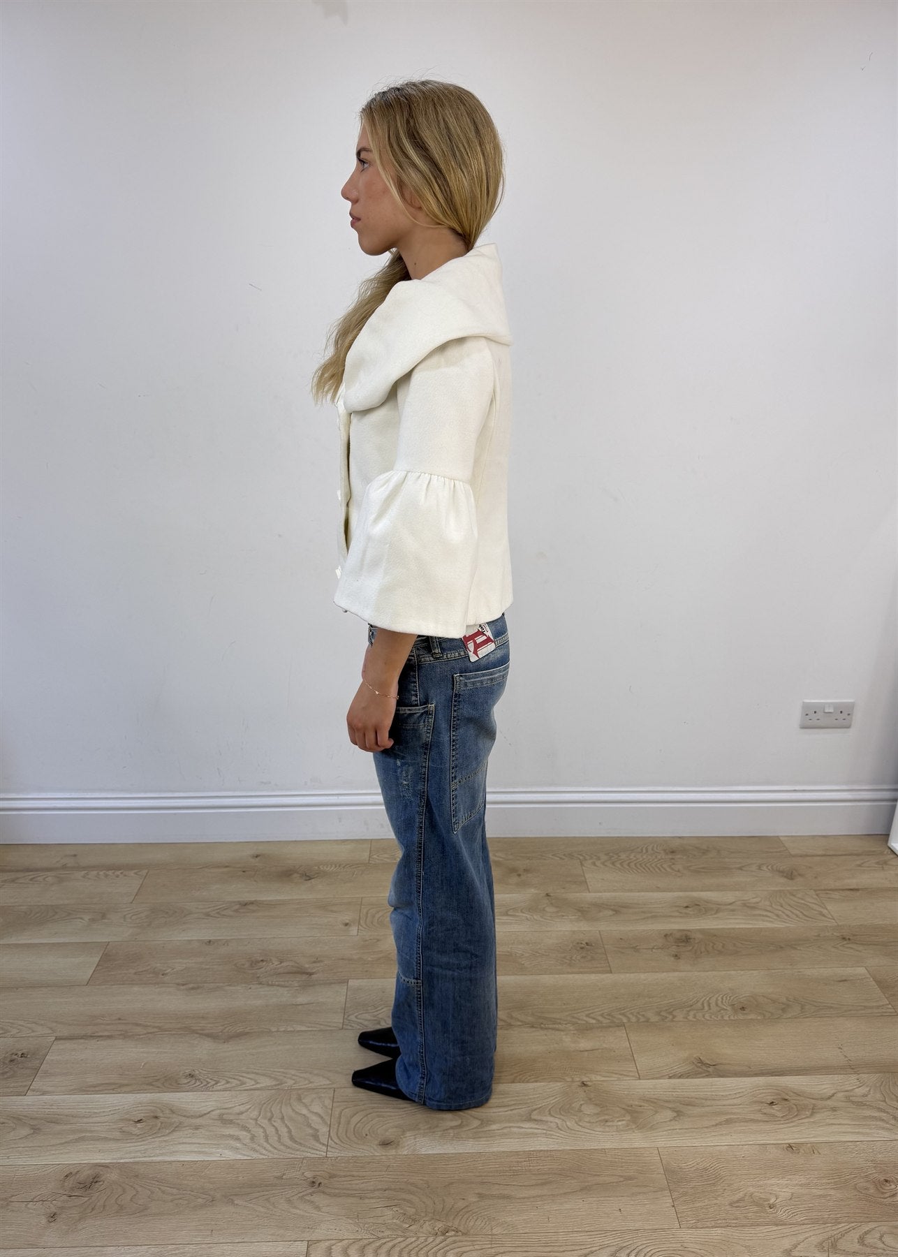 small white double-breasted flared-sleeve jacket