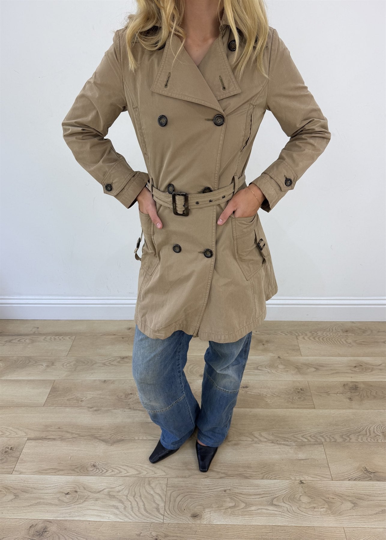 small tan old label zara belted trench coat