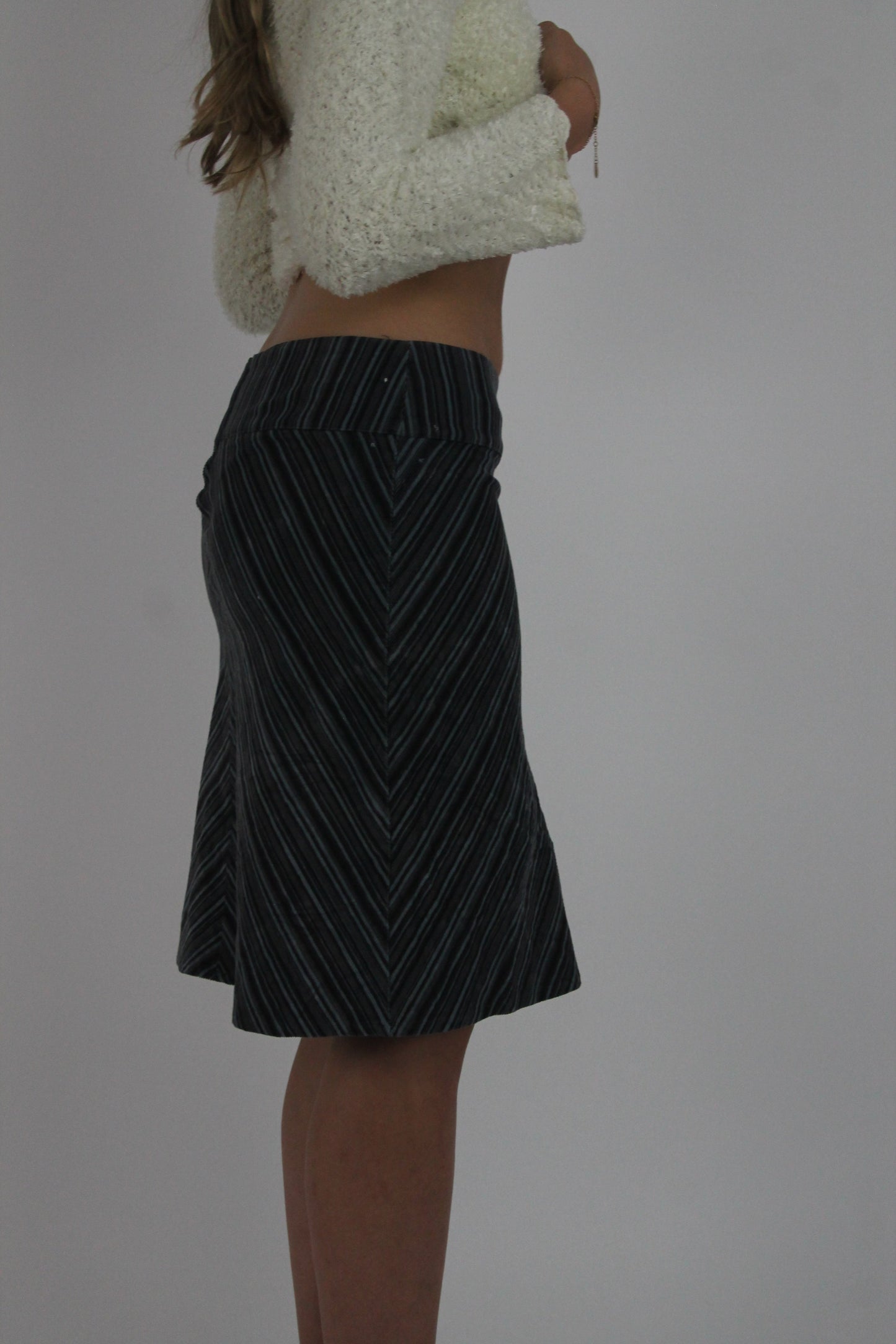 black chevron pinstripe midi skirt detail view 02