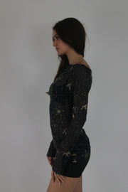black metallic lace long-sleeve mini dress detail view 02