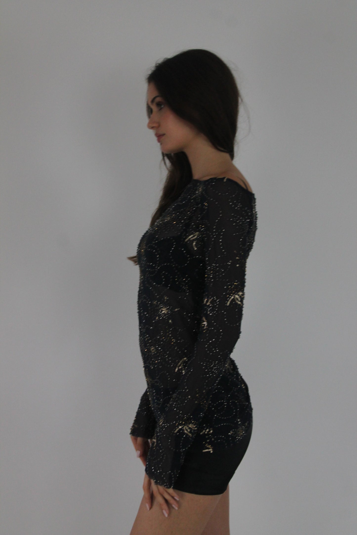 black metallic lace long-sleeve mini dress detail view 02